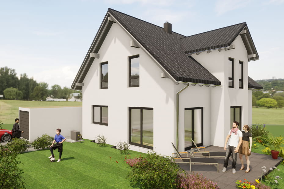 wissensratgeber-planung Visualisierung eines modernen Einfamilienhauses von Schopf & Teig mit Satteldach, Terrasse und Garten.